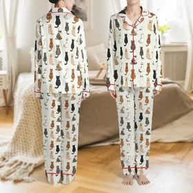 Cat Lovers' Seamless Illustrative Cats Pattern Warm Brown Tan Grey Black White Calico Tortoiseshell Bow Ties Cream Satin Pajamas Set