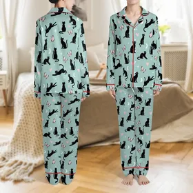 Cat Lovers' Whimsical Dreamy Light Teal Scattered Black Cat Pale Pink Butterfly Heart Star Pattern Satin Pajamas Set