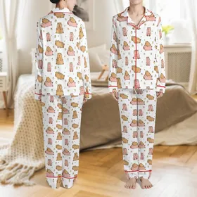 Whimsical Animal Lovers' Blush Pink Light Brown Capybara-like Pattern with Pale Yellow Flower Crowns Satin Pajamas Set