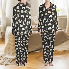 Cat Lovers' Charcoal Black Playful Sleepy Cartoon Cat Pattern Pale Off-White & Beige Kittens White 'cute cat' Text Satin Pajamas Set