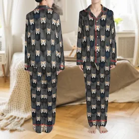 Kitten Lovers' Photorealistic White Ginger Kittens Blue Eyes Dark Denim Pockets Pattern Satin Pajamas Set