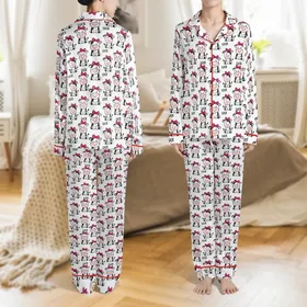 Women's Cute Simplified Cartoon Cow All-Over Pattern Pink Bows Lucky Black Text White Background Satin Pajamas Set