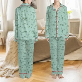 Unisex Vintage Sardine Sleep Set: Light Teal & Olive Fish Pattern Loungewear Satin Pajamas Set