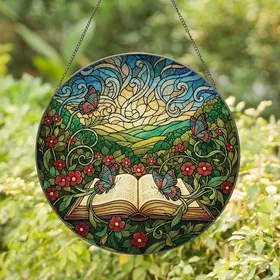 Book Lovers' Intricate Stained Glass Open Book Butterfly Flower Amber Teal Rose Mosaic Stained Glass Suncatcher