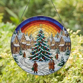 Holiday Enthusiasts' Tiffany Stained Glass Christmas Tree Village Jewel Tone Mosaic Red Blue Ornaments Stained Glass Suncatcher
