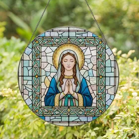 Women's Tiffany Style Stained Glass Serene Prayerful Figure Vibrant Jewel Tones Mosaic Stained Glass Suncatcher
