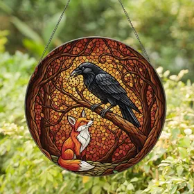 Nature & Folklore Enthusiasts' Stained Glass Crow Fox Forest Mosaic Jewel Tone Art Stained Glass Suncatcher