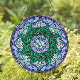 Holiday Enthusiasts' Intricate Tiffany Stained Glass Christmas Wreath, Luminous Magenta Teal Jewel Tones Stained Glass Suncatcher