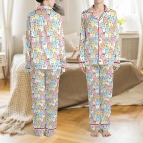 Cat Lovers' Kawaii Pastel Pink Blue Yellow Cat Crowd Seamless Pattern Satin Pajamas Set