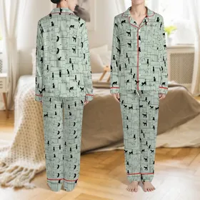 Cat Lovers' Whimsical Urban Cats Minimalist Sage Green Line Art Black Silhouette Pattern Satin Pajamas Set