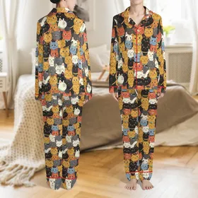 Cat Lovers' Dense Playful Seamless Cat Faces Pattern Ginger Ochre Cream Charcoal Pastel Satin Pajamas Set