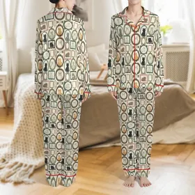Cat Lovers' Muted Eclectic Antique Framed Cat Portraits Collage Cream Pattern Satin Pajamas Set