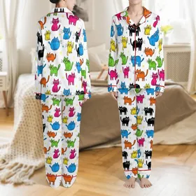 Cat Lovers' Whimsical Hand-Drawn Doodle Abstract Cats Pattern with Vibrant Multi-Color Crayon Style Satin Pajamas Set