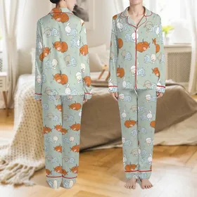 Baby Animal Lovers' Whimsical Illustrative Sleeping Baby Animals Pale Sage Green Pattern: Cow, Bear, Lamb, Bunny in Blue Checkered Pajamas Satin Pajamas Set