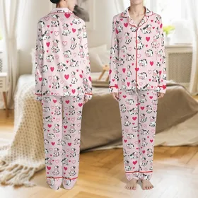 Cute Cow Lovers' Whimsical White Spotted Cartoon Cows Hot Pink Hearts Pastel Pink Seamless All-Over Design Satin Pajamas Set