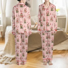 Holiday Lover's Pastel Pink Critters with Santa Hats, Gift Boxes & Candy Canes Fabric Print Satin Pajamas Set