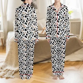 Cow Lovers' Whimsical White Black Brown Pink Cartoon Cow Spot & Friendly Face Pattern Satin Pajamas Set