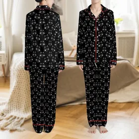 Cat Lovers' Whimsical Flat Illustrative Smiling Cat Faces Black White Pink Pattern Satin Pajamas Set