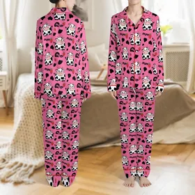Cute Animal Lovers' Vibrant Hot Pink Flat 2D Cartoon Dairy Cow Rosy Cheeks Strawberry Moo Design Satin Pajamas Set