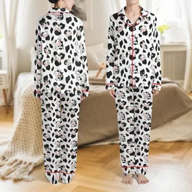 Cute Style Adorers' Whimsical Black Cow Spot Pattern Cute Cartoon Cow Faces Pink Brown Accents White Satin Pajamas Set