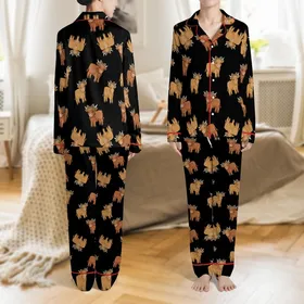 Highland Cow Lovers' Whimsical Scattered Baby Highland Cows Golden Brown Reddish-Brown Leopard Print Bows Black Background Satin Pajamas Set