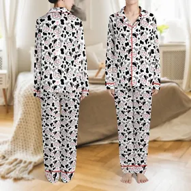 Playful Style Admirers' Black White Blush Pink Cartoon Cow Face Heart Pattern Satin Pajamas Set