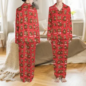 Funny Exhausted Mood: Humorous Yawning Highland Cow Pattern, Red Background, 'I'M TO DARN TIRED' Text Satin Pajamas Set
