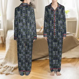 Cat Lovers' Dense Interwoven Stylized Cat Faces Charcoal Gray Lemon Yellow Eye Pattern Satin Pajamas Set
