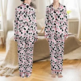 Whimsical Cartoon Cow Faces & Bubblegum Pink Spots Print Item Satin Pajamas Set
