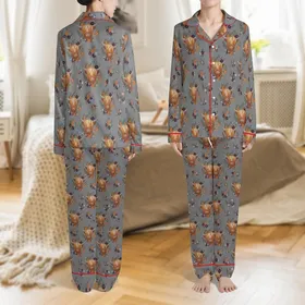 Cozy Aesthetic Fans' Painterly Highland Cow Botanical Pattern with Plum, Burnt Orange & Sage on Heather Grey Satin Pajamas Set