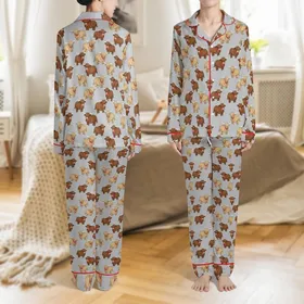 Highland Cow Lover Fluffy Brown Cows Red Polka Dot Bandana Heather Grey Design Satin Pajamas Set