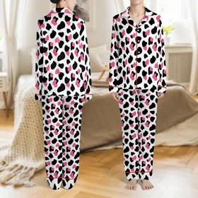 Modern Style Enthusiasts Playful White Black Bubblegum Pink Organic Cow Spot Amorphous Pattern Satin Pajamas Set