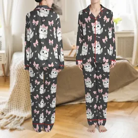 Kitten Lovers' Adorable Gray Fluffy Kittens Blue Eyes Pink Star Bow Seamless Pattern Dark Heather Gray Satin Pajamas Set