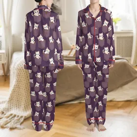 Cat Lovers' Adorable Plum Purple Mauve Kitten Denim Pocket Seamless Pattern Satin Pajamas Set