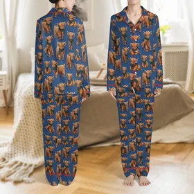 Highland Cow Lovers' Cute Baby Highland Cow Tartan Scarf Teal Blue Green Rose Repeating Pattern Satin Pajamas Set