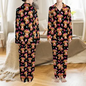 Cute Animal Lovers' Adorable Fluffy Warm Brown Highland Calf Hot Pink Bow Light Blue Flower Pink Cup Black Pattern Satin Pajamas Set
