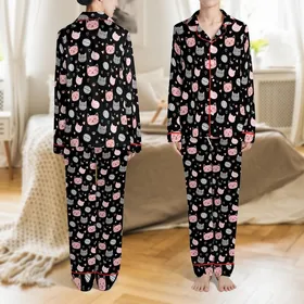 Cat Lovers' Playful Cartoon Cat Faces Silhouettes Rose Pink Muted Grey Paw Prints Hearts Black Pattern Satin Pajamas Set