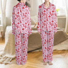 Western Lifestyle Enthusiasts Stylized Light Lavender-Pink Crimson Rose Boots Hats Stars Pattern Satin Pajamas Set
