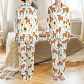 Nature Lovers' Charming Highland Cow Golden Sunflower Teal Botanical Flat Print Satin Pajamas Set