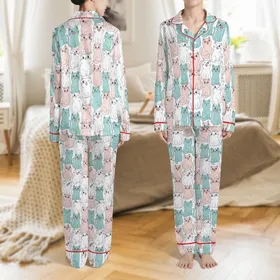 Cat Lovers' Lively Pastel Pink White Gray Blue Peach Cute Cartoon Cats Seamless All-Over Print Satin Pajamas Set