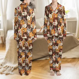 Cat Lovers' Expressive Painterly Feline Faces Collage: Rich Browns, Oranges, Greys, Fuchsia Pink, Emerald Green Eyes Satin Pajamas Set