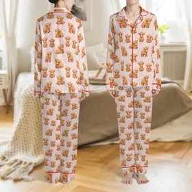 Cute Animal Lovers' Blush Pink Whimsical Fluffy Baby Highland Cow Scattered Pattern with Pastel Florals Satin Pajamas Set