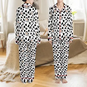 Cow Lovers' Whimsical Black White Peach Cartoon Cow Spot Playful Hand-Drawn Pattern Satin Pajamas Set