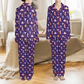 Western Style Aficionados' Whimsical Desert Royal Purple Coral Pink Cowboy Boots Cactus Steer Skull Pattern Satin Pajamas Set