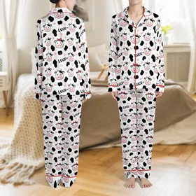Cow Lovers' Seamless Cute Cartoon Cow Heads & Spots Pattern with Pink Muzzles, Tan Horns, Red Bows, 'LUCK~' Text, Pink Hearts Satin Pajamas Set