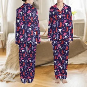 Western Style Lovers' Playful Indigo-Purple Cowboy Boots, Pink Hats, Bull Skulls Pattern Satin Pajamas Set