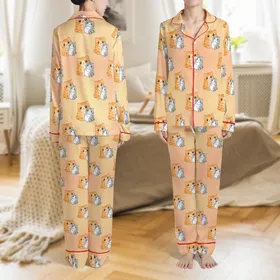 Kitten Lovers' Adorable Embracing Tabby Kitten Pairs Peach Grey Orange All-Over Pattern Satin Pajamas Set
