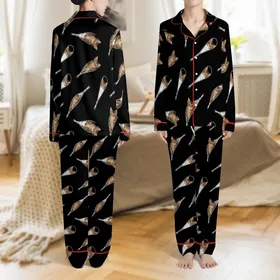 Kitten Lovers' Playful Brown Tabby Kittens Peeking Silver Zippers Black & Cream Contrast Graphic Satin Pajamas Set