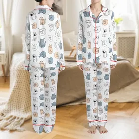 Cat Lovers' Cute Hand-Drawn Cartoon Cats Seamless Pattern with Sleepy Grumpy Expressions Peach Light Blue-Grey Satin Pajamas Set