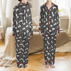 Women's Cat Lovers' Whimsical Hand-Drawn All-Over Black & White Cat Pattern Dusty Rose Text Satin Pajamas Set